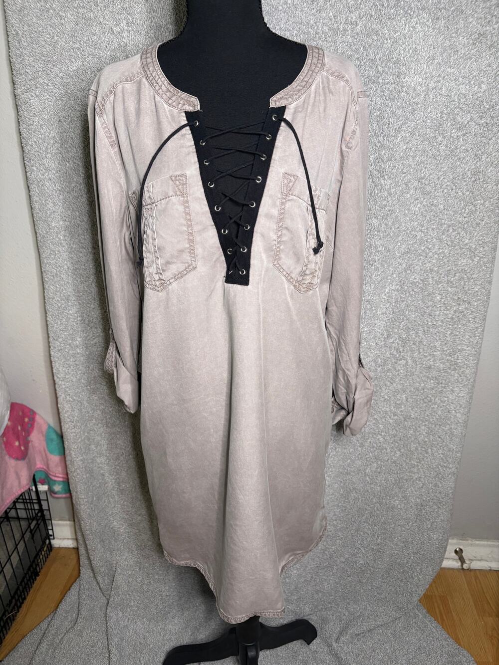Express Lace Up Lyocell Tunic Dress L Washed Boho Grunge